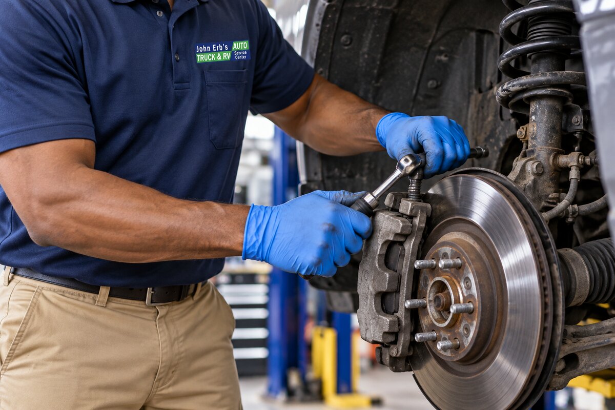 A technician servicing a front brake assembly