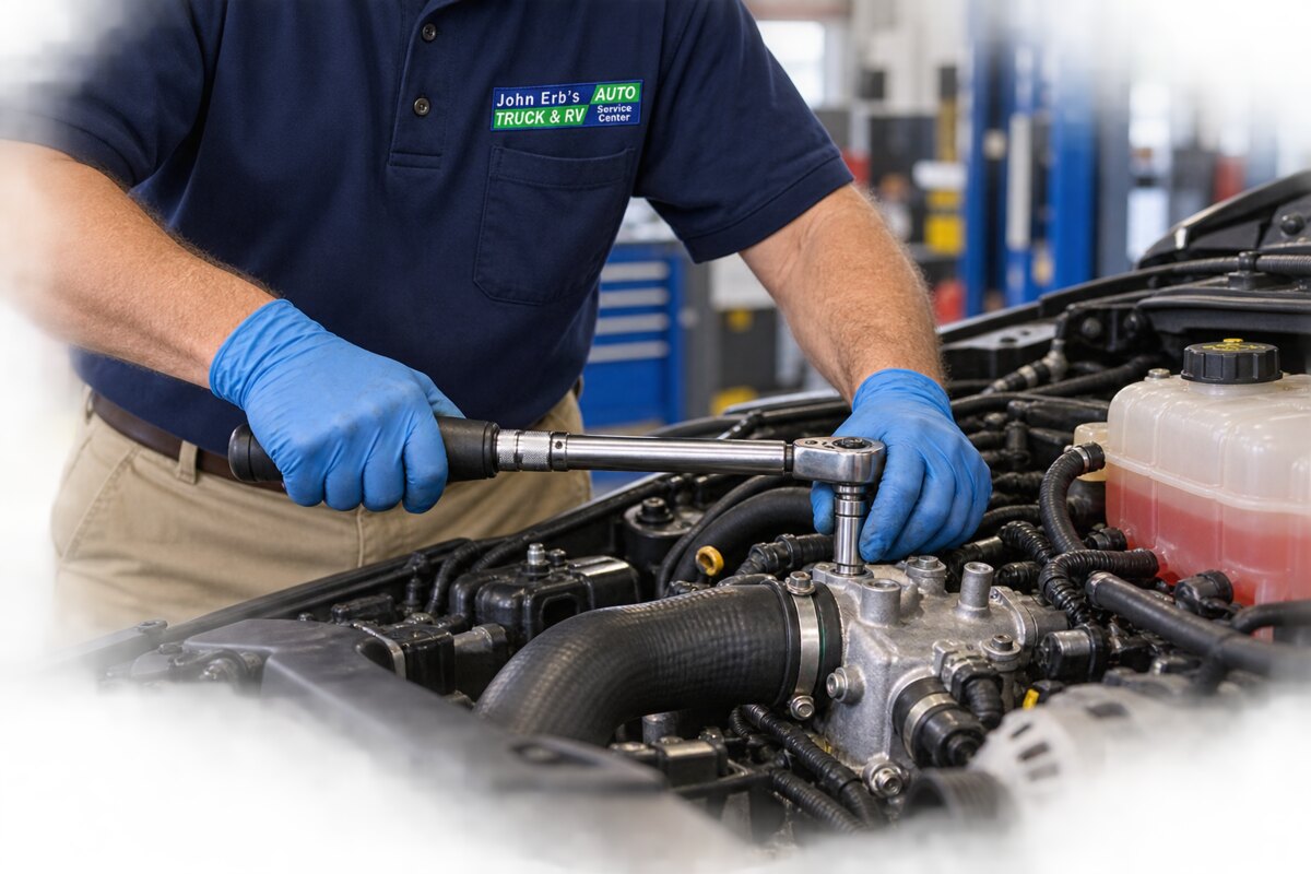 A technician completing an engine repair