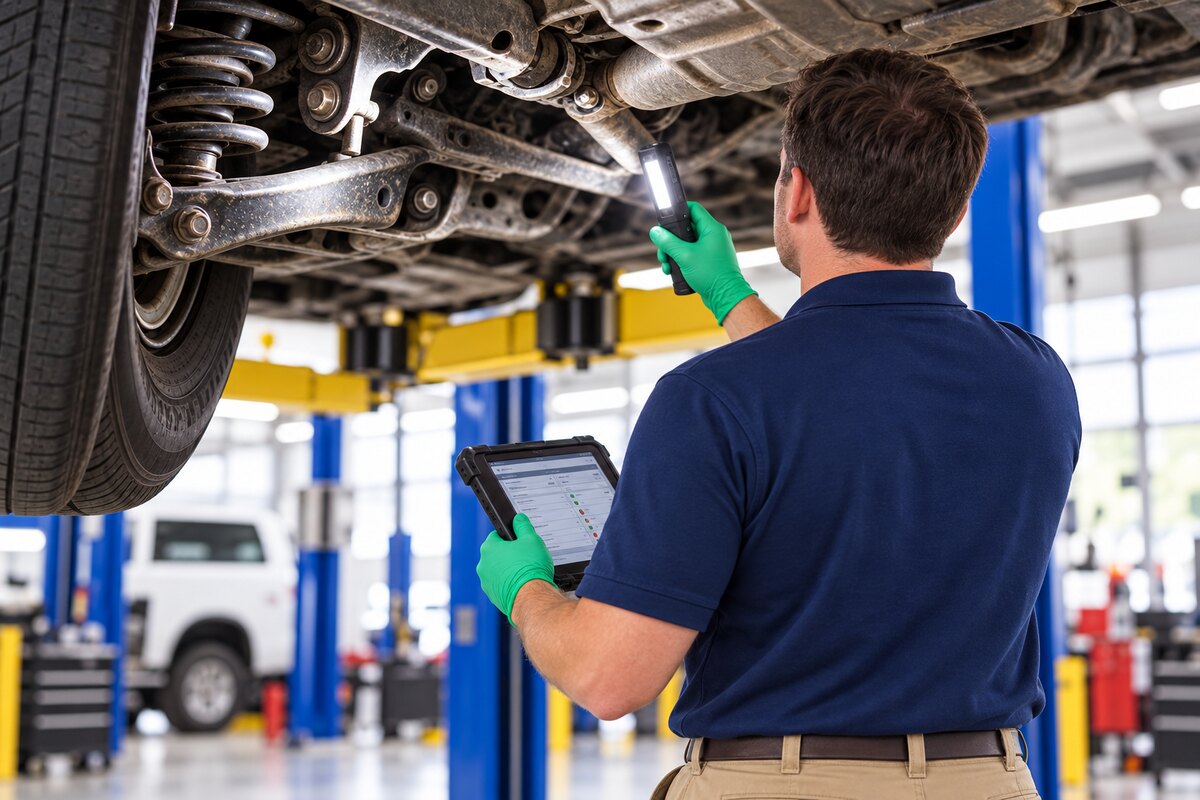 A technician using an inspection light and diagnostic tablet beneath a raised vehicle